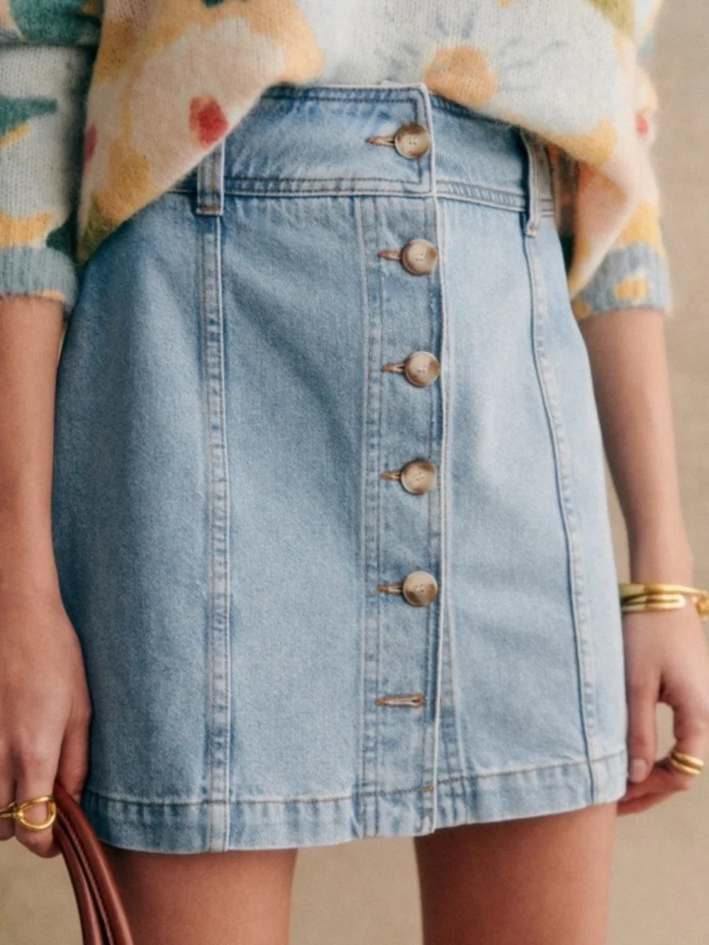 Sezane SAVINE Light Blue Denim Button-Front Skirt - Size 42